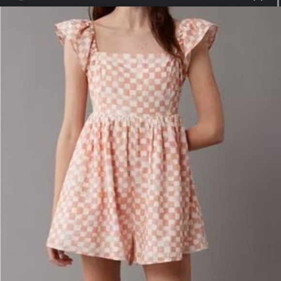 AE Pink and White Checkered Back to School Romper. - Picture 1 of 3